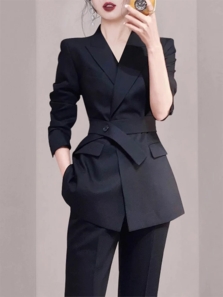 

Elegant Black Suit Set for Women Commute Professional Slim Fit Two Piece Set Spring Autumn High Quality Fashionable Ladies Suit