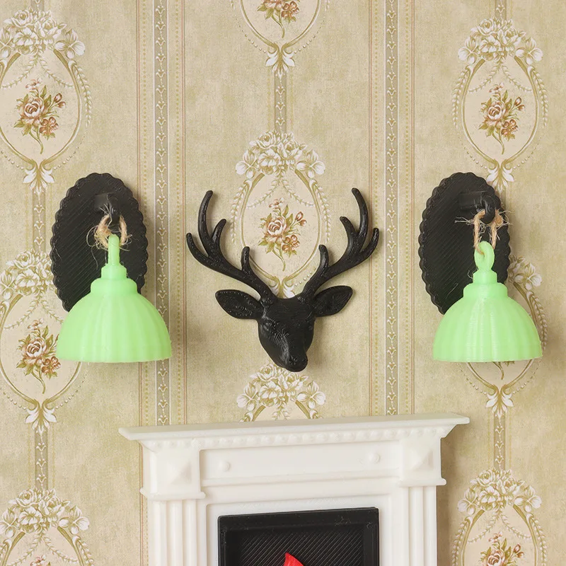 1:12 Scale Dollhouse Deer Head & Wall Lamp Set,Miniature Christmas Decor,Vintage European Fireplace Accessory for Diorama Scene