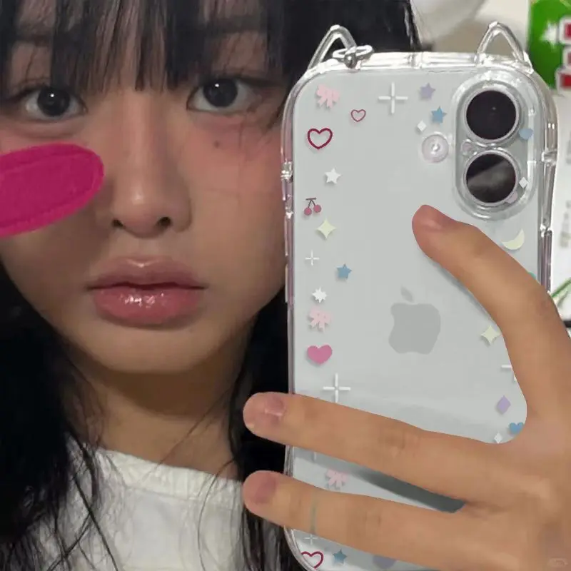 Stars Moon Cat Ears 3D Phone Case For iPhone 17 Pro Max Air X XR XS Max 7 8 Plus 16 15 14 13 12 11 INS Soft Back Cover Y2K