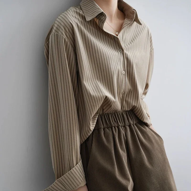 Retro Hong Kong Style Casual Comfortable Long Sleeved Striped Shirt Autumn New Fashion Elegant Loose Popular Versatile Lady Top