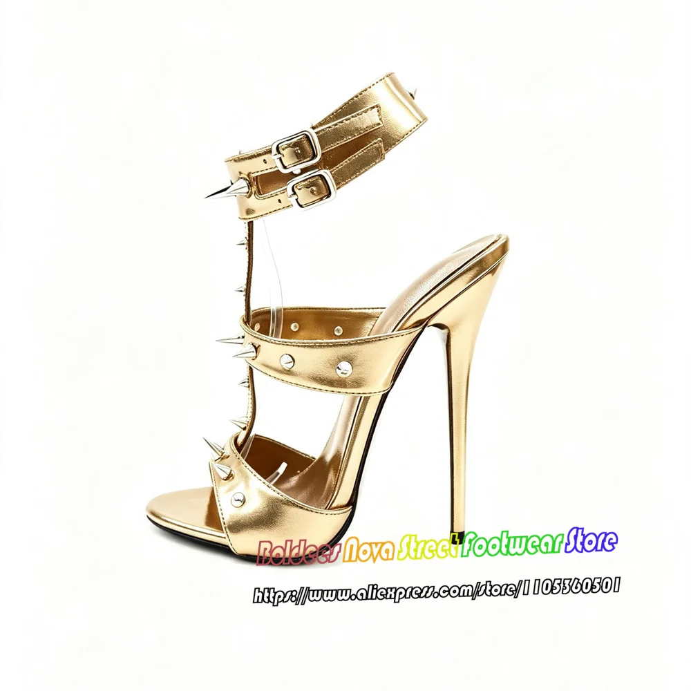 16cm Rivets Decor Patent Leather High Heel Sandals Women Sexy Punk Style Peep Toe Stilettos Slingback Buckle Strap Party Shoes