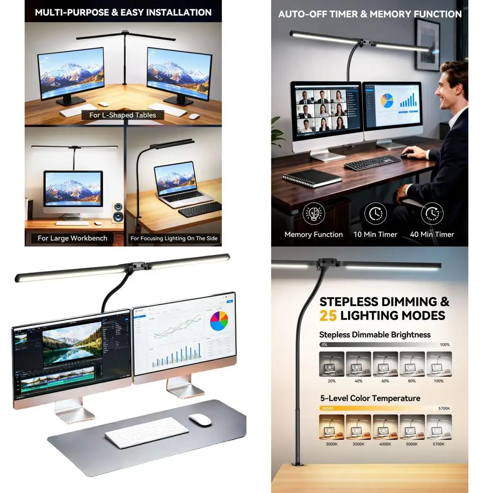 

Adjustable Clamp Desk Lamp for Home Office: Eye-Care, Dual Screen, 5 Lighting Modes, Ideal for Study and Drafting