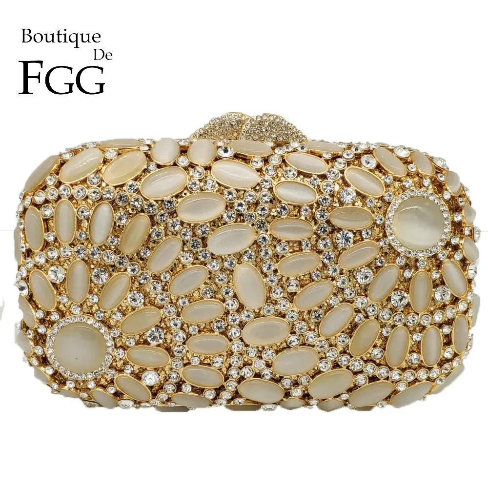 

Boutique De FGG Hollow Out Elegant Opal Stones Crystal Women Gold Evening Bag Metal Clutch Minaudiere Handbag Wedding Party Bag