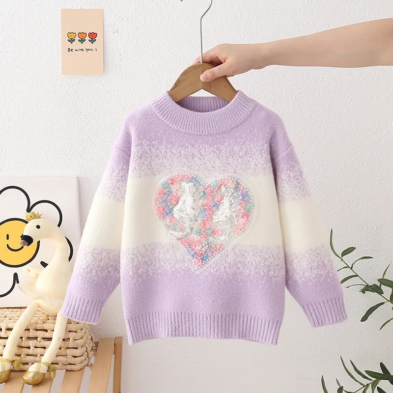 الخريف الشتاء الفتيات محبوك سترة القلب نمط بلوزات بأكمام طويلة مريحة موضة جديدة ملابس الأطفال 7 إلى 12 سنة #4