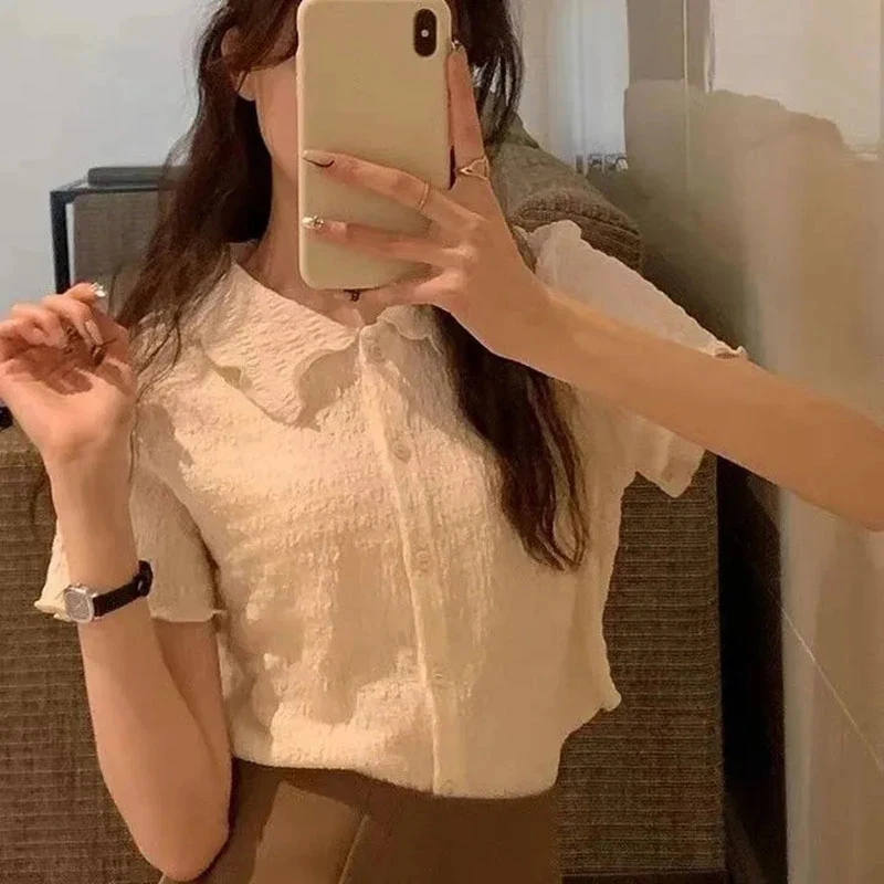 Zoki Folds Cropped Women Shirts Retro Ruffles Casual Solid Preppy Short Sleeve Tops Summer Single Breasted Chic All Match Blouse