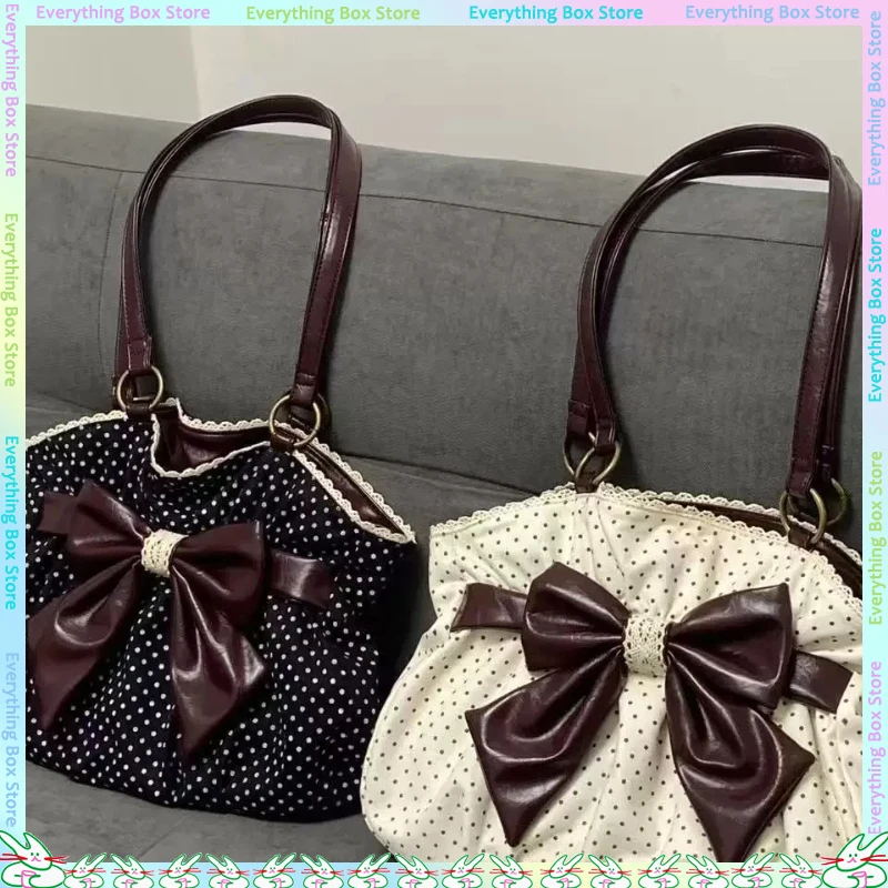 

Сумка-тоут в корейском стиле, ретро, в горошек, с большим бантом, вместительная, с цветовыми блоками, для повседневного использования, на плечо, для студентов, для учебников