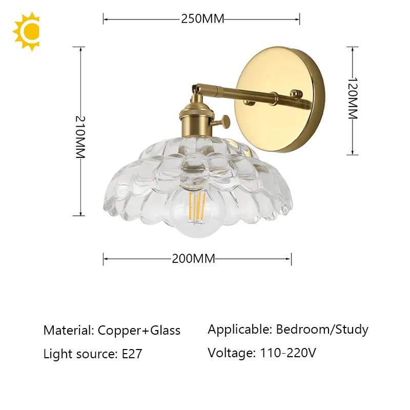Up Down Rotate Wall Light Fixture Flower Clear Glass Bedside Night Light E27 Bulb Base for Home Kitchen Dining Room Study Decora