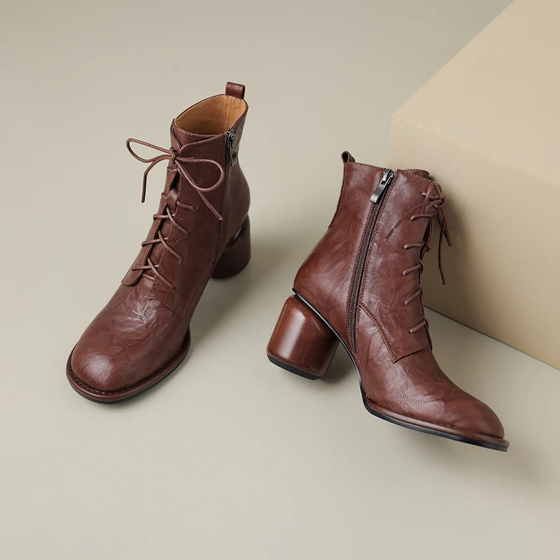 2027 New Winter Women Boots Round Toe Chunky Heel Shoes Genuine Leather Shoes for Women Lace-up Ankle Boots Zipper Modern Boots