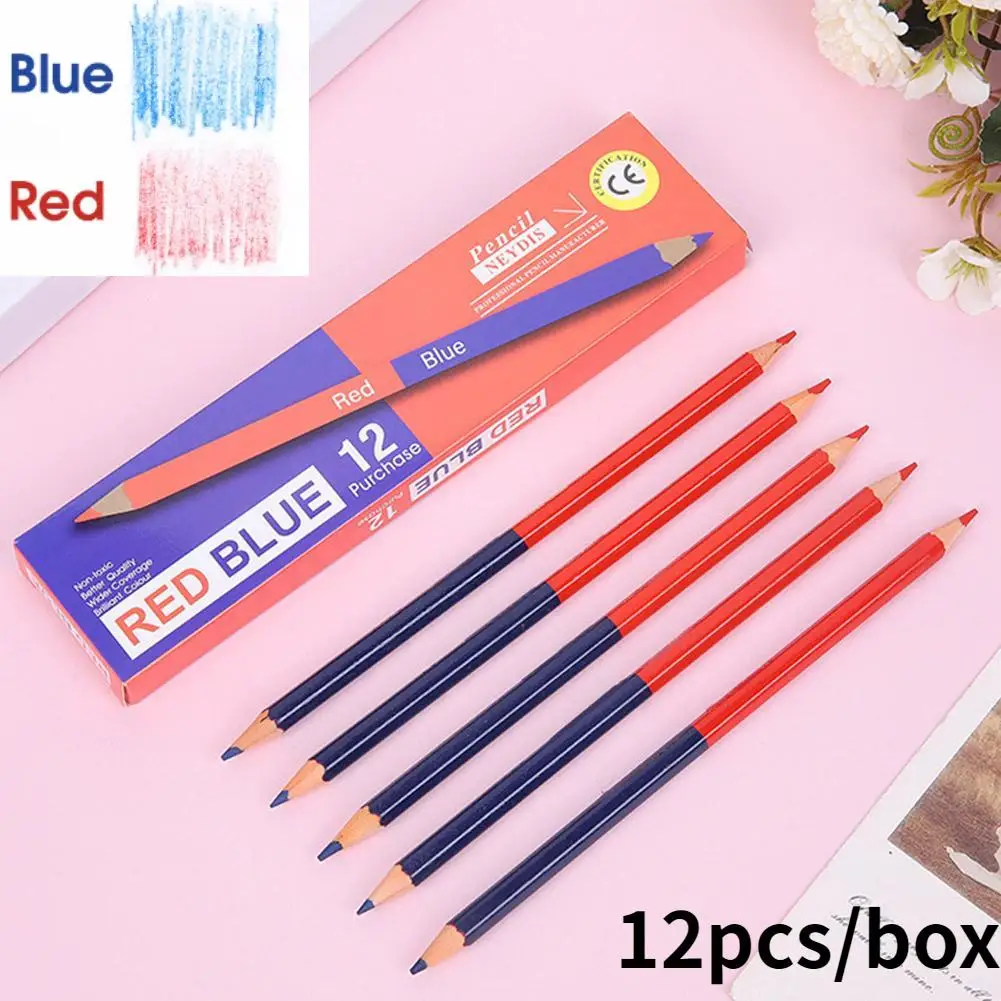 12pcs/box Double Ended Colored Pencil Red&Blue Double Ended 2B Colored Pencil Draw Plotting Check Pencil Work Mark Stationery