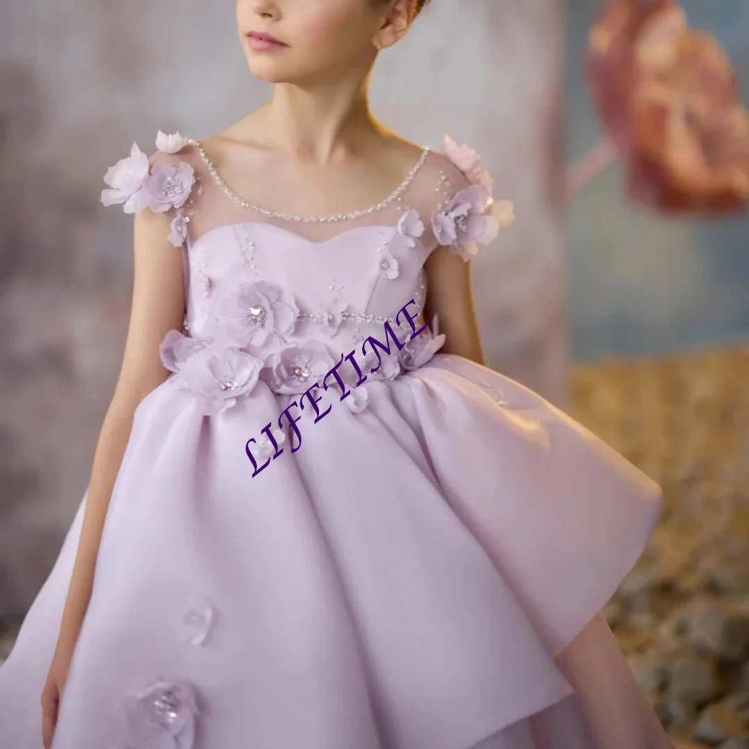 Sukienki dla dziewczynek na występy taneczne, luksusowe, fioletowe, zdobione koralikami, z kwiatami 3D, urocze, z kokardą, sukienka księżniczki, strój na wesele dla dzieci.