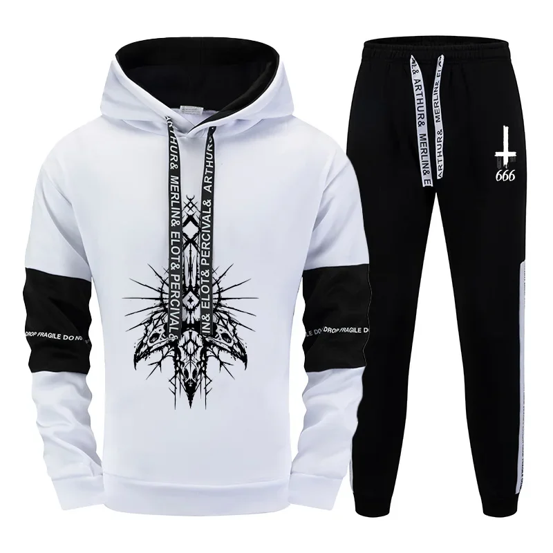 Satan Inverted Cross Hoodies Sweatpants Urban Trend Hooded Streetwear Autumn Winter Daily Casual Sporty Sweatshirts Jogging Suit
