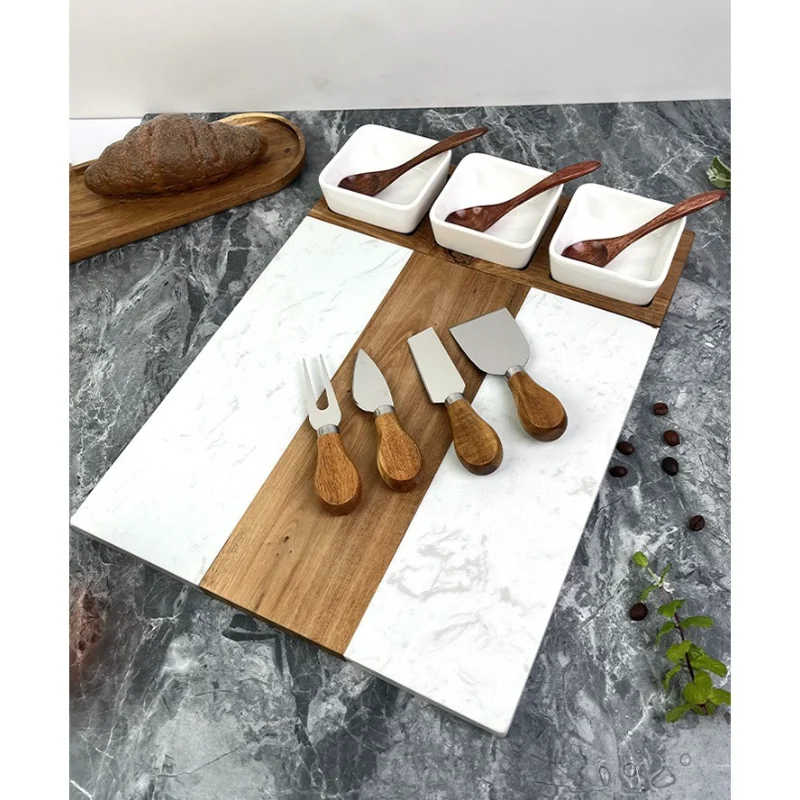 

Cheese Board Set with Acacia Wood, Marble Charcuterie Tray & Stainless Steel Knives, Wooden Cutting Board for Bread/Cheese