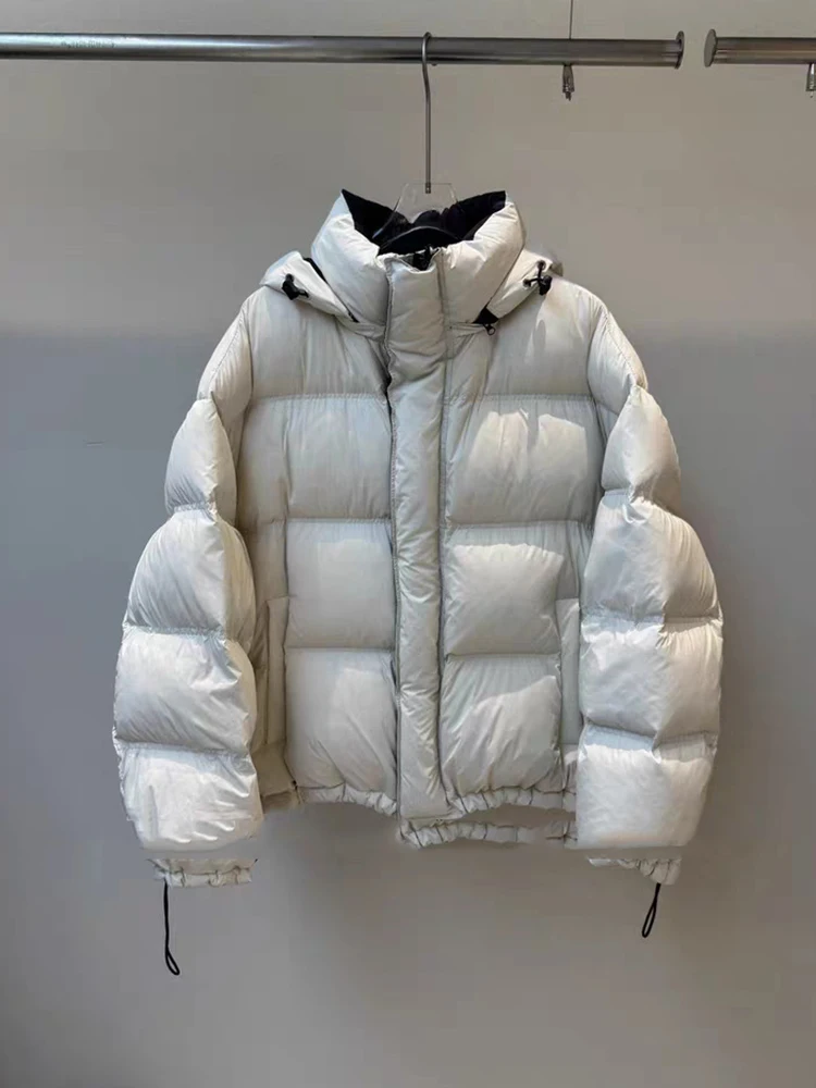 Winter Chic Patchwork Hooded Puff Down Jacket Women 90%White Duck Down Loose Down Jacket Female Zipper Drawstring Parker Outwear