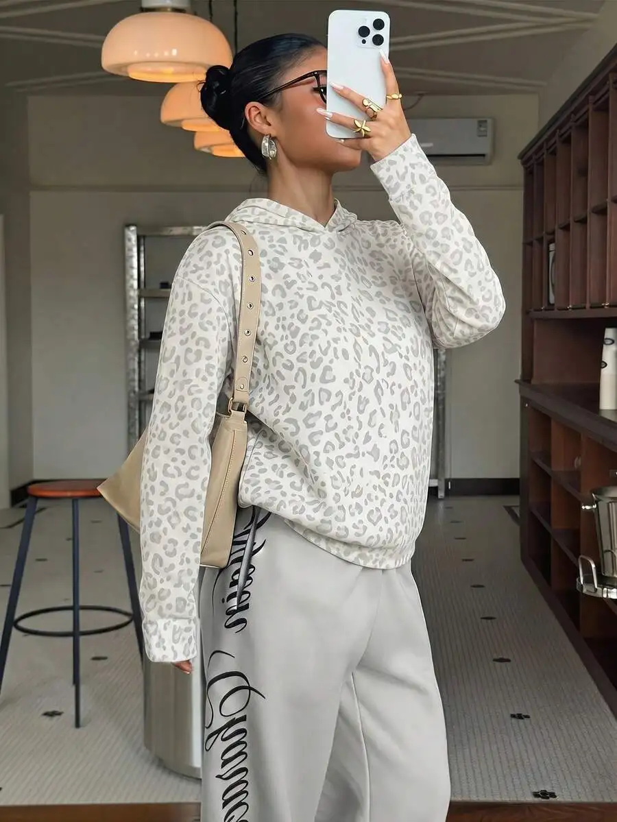 Women's Autumn Winter Leopard Print Long Sleeve Hooded Pullover Sweatshirt