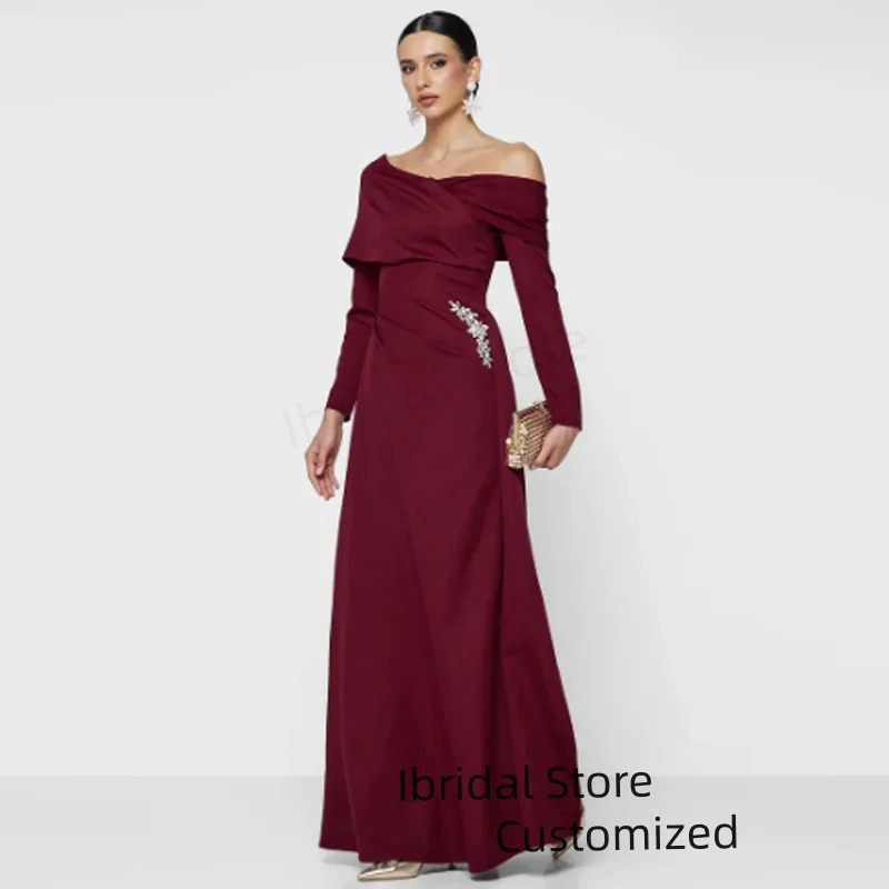 Vestido elegante personalizado para madre de la novia, largo hasta el suelo, vestido de fiesta Formal, un hombro, cuentas, mangas largas, vestidos saudíes