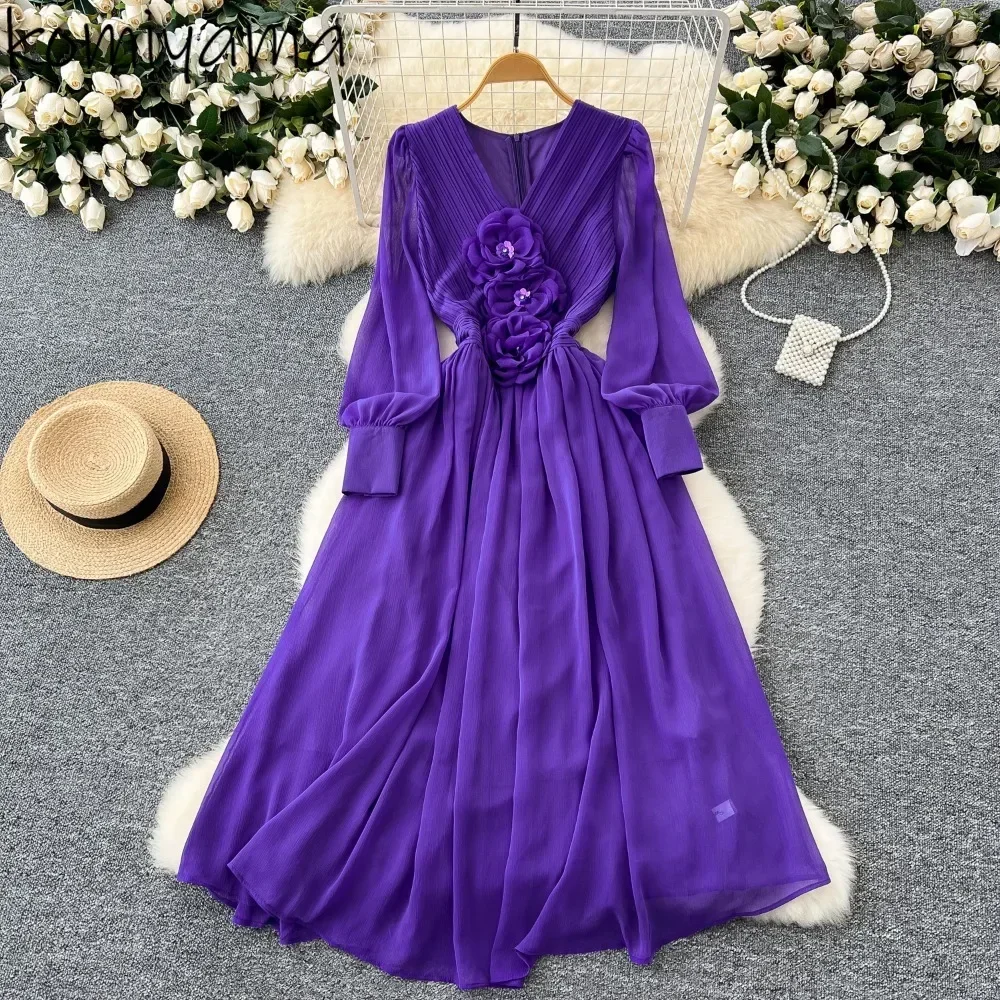 3d Floral Women 2025 Vestidos Dresses V-Neck Lantern Long Sleeve Dress High Waist Big Swing Vestido Femininos  Elegant Clothing