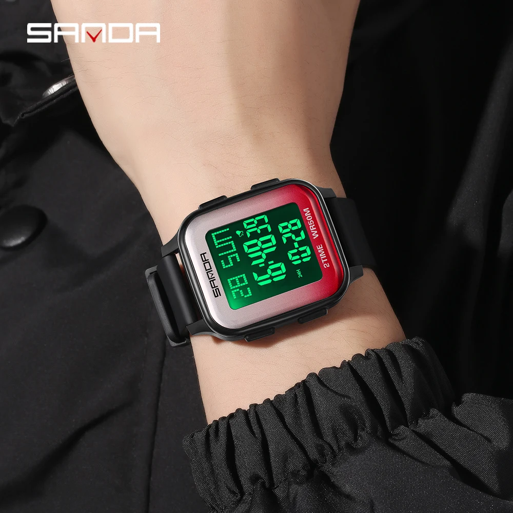 SANDA 6211 موضة ساعة إلكترونية للرجال رياضية مقاوم للماء متعددة الوظائف LED ساعة تنبيه طالب ساعة إلكترونية 2025