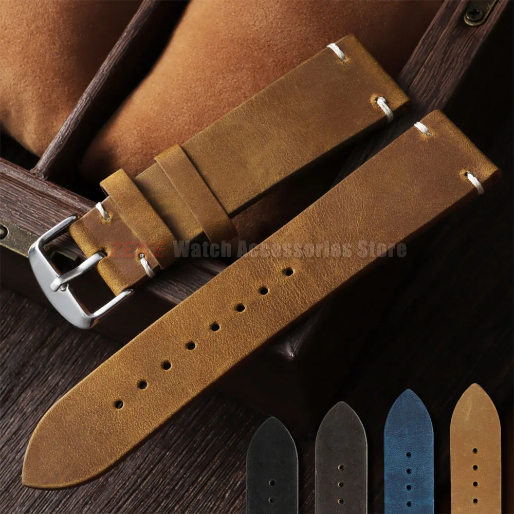 Vintage Weiches Ölwachs-Uhrenarmband 18mm 19mm 20mm 21mm 22mm 24mm Rindsleder-Uhrenarmband für Seiko Herren Crazy Horse Leder-Uhrenband – Detail 1