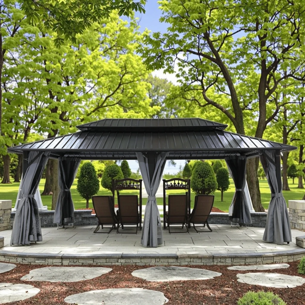 

Double Metal Roof Outdoor Furniture Pavilion Gazebo Hardtop Aluminum Frame Permanent Mosquito Netting Canopy Gazebo Pergola