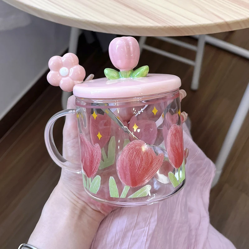 كوب زجاجي من Ins Sle مع غطاء وملعقة للنساء كوب الإفطار ذو قيمة جمالية عالية مقاومة للحرارة قرد مستدير مصنوع في الصين #3