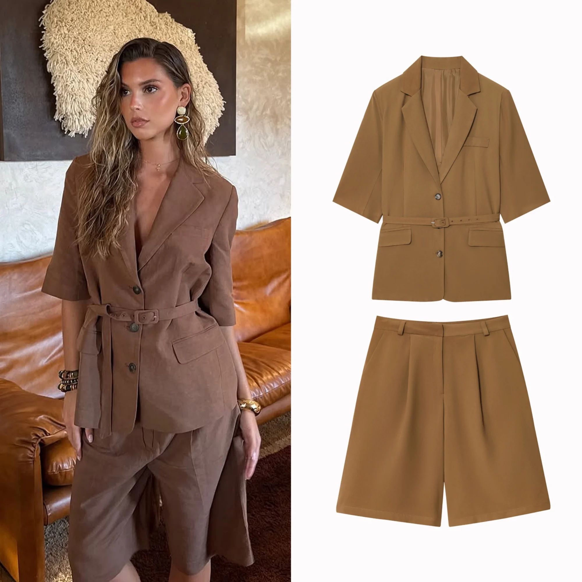 

Women Blazer Short Set 2025 Autumn Women Single-breasted Laple Belted Pocket Half Sleeves Blazer or High Half Shorts Casual Suit