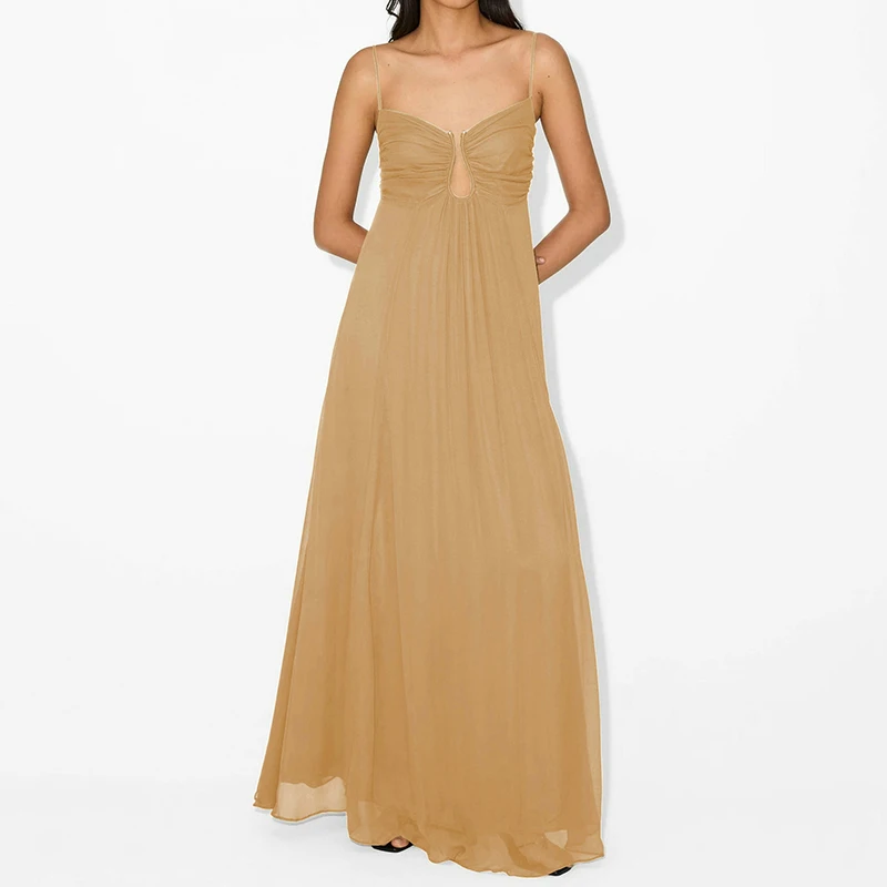 แฟชั่นจีบหลวมชุดสลิง Elegant U-คอปิดไหล่ชุดยาวผู้หญิงเซ็กซี่ Hollow OUT Solid Swing PARTY DRESS