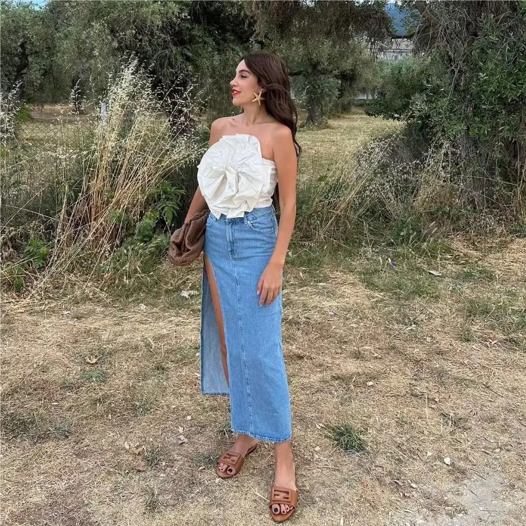 

Winter Midi skirts womens vintage clothes korean sexy skirts for women blue jeans skirt high waisted denim skirt black slit