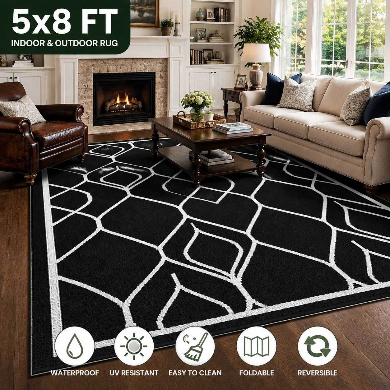 Outdoor Camping Rug Waterproof - 5x8 FT Indoor Outdoor Rug Waterproof