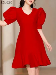 ZANZEA Women Party Mini Fishtail Dress Elegant Collect Waist Robe Summer A-line Evening Dress 2024 Puff Sleeve Mermaid Dresses