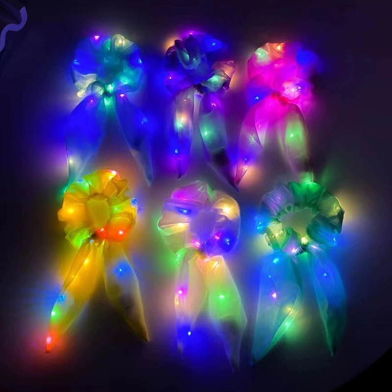 5/10 قطعة Led تضيء القوس Scrunchies Led الشعر Scrunchie ذيل حصان أصحاب النساء اكسسوارات توهج في الظلام لوازم الحفلات