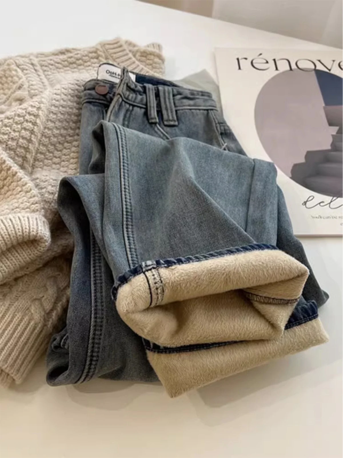 

Женские джинсы-шаровары с высокой талией, утепленные, свободного прямого кроя, повседневные, длинные, для зимы