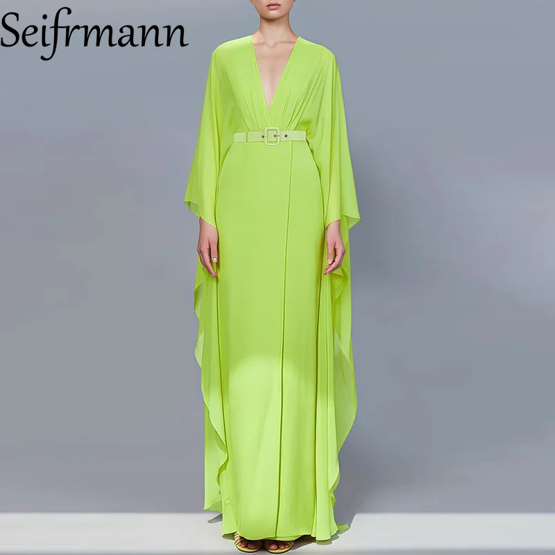 Seifrmann Modedesign Damenkleid, tiefer V-Ausschnitt, fliegende Ärmel, Schnürung, schmal, einfarbig, elegante Party-Abschlussballkleider