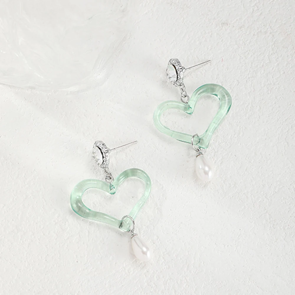 Eetit-pendientes de perlas de imitación para mujer, aretes con forma de corazón de resina verde, joyería diaria de aleación de Zinc, 2024