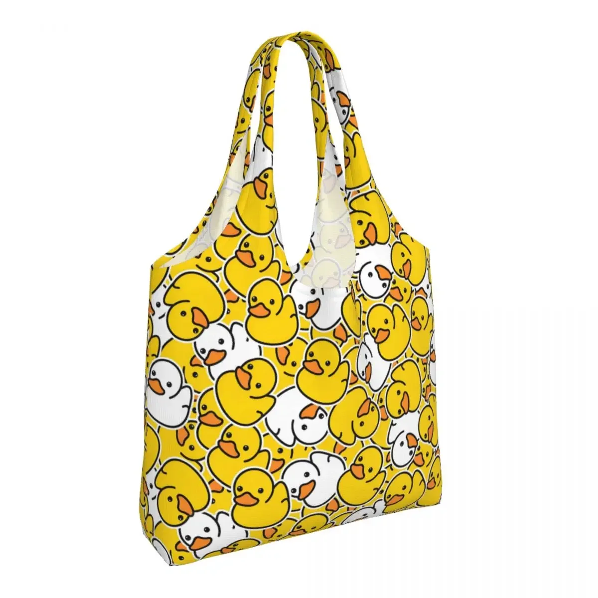 Custom Rubber Duck Bathing Cartoon Pattern Grocery Shopping Bags Canvas Shopper Shoulder Tote Bag Big Capacity Portable Handbag