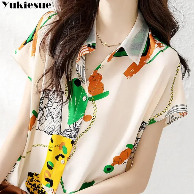 

Summer Short Sleeve Women's Clothing New Korean Elegant Temperament Polo-Neck Printing Single Breasted Office Lady Casual Shirt