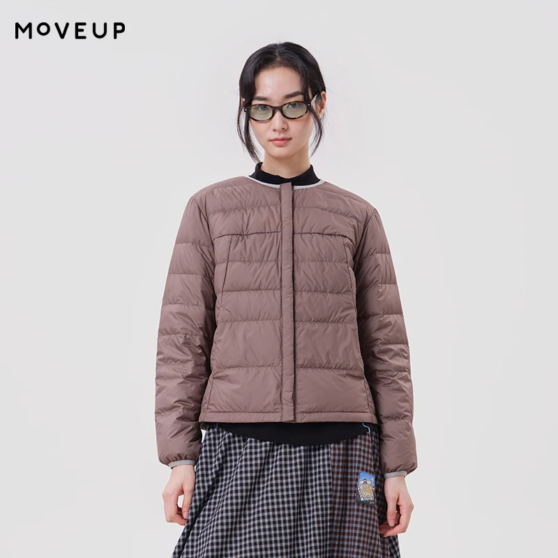 MOVEUP Women's Lightweight Duck Down Jacket 2026 Winter Color Contrast Binding Round Neck Side Pockets Warm Down Coat 3ELD21257