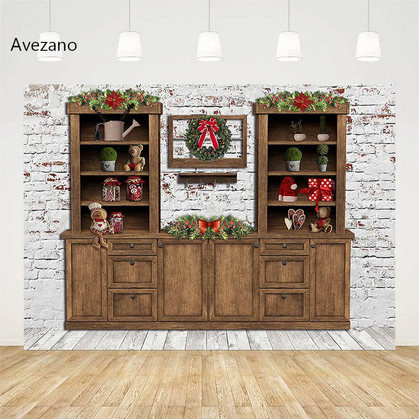 

Avezano Christmas Decoration Backdrops for Photography Cupboard Brick Wall Holiday Family Portrait Background Photo Studio Props