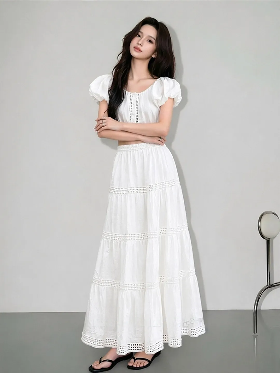 Unique Beautiful White Bubble Sleeve Holiday Style Women's Summer Outfit Two-Piece Set Top Half-Skirt Casual Fashion Ensemble