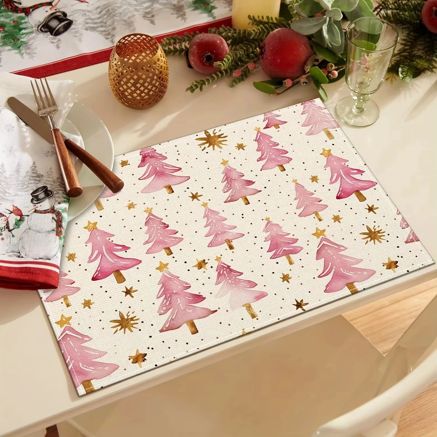 

VIKAMA 4PC Pink Christmas Tree Placemat Snowman Star Print Table Decoration Placemat Festival Decoration
