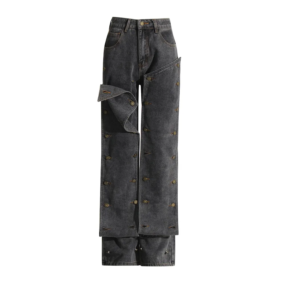 VGH Solid Patchwork Button Denim Trousers For Women High Waist Spliced Pocket Minimalist Straight Pants Female Fashion Style New