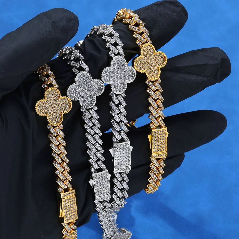 Luxury NUOYA Moissanite Jewelry for Women 8mm 925 Sterling Silver Four Leaf Clover Cuban Link Necklace Pass Diamond test.