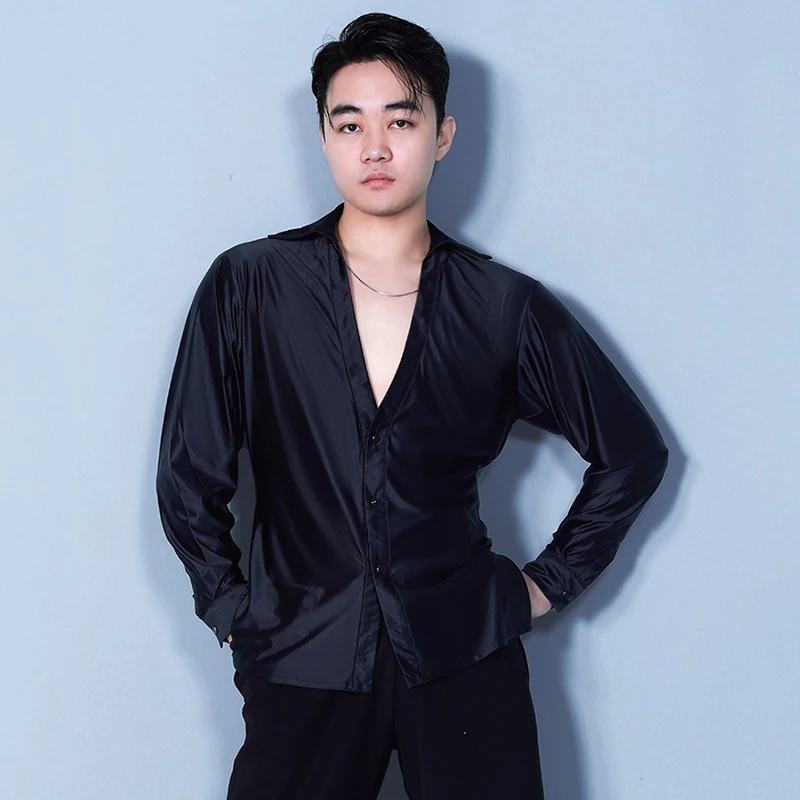 Latn Dance Competition Shirt For Men Satin Long Sleeve Top Male Tango Ballroom Dancing Performance Top White V-Neck Shirts 3624