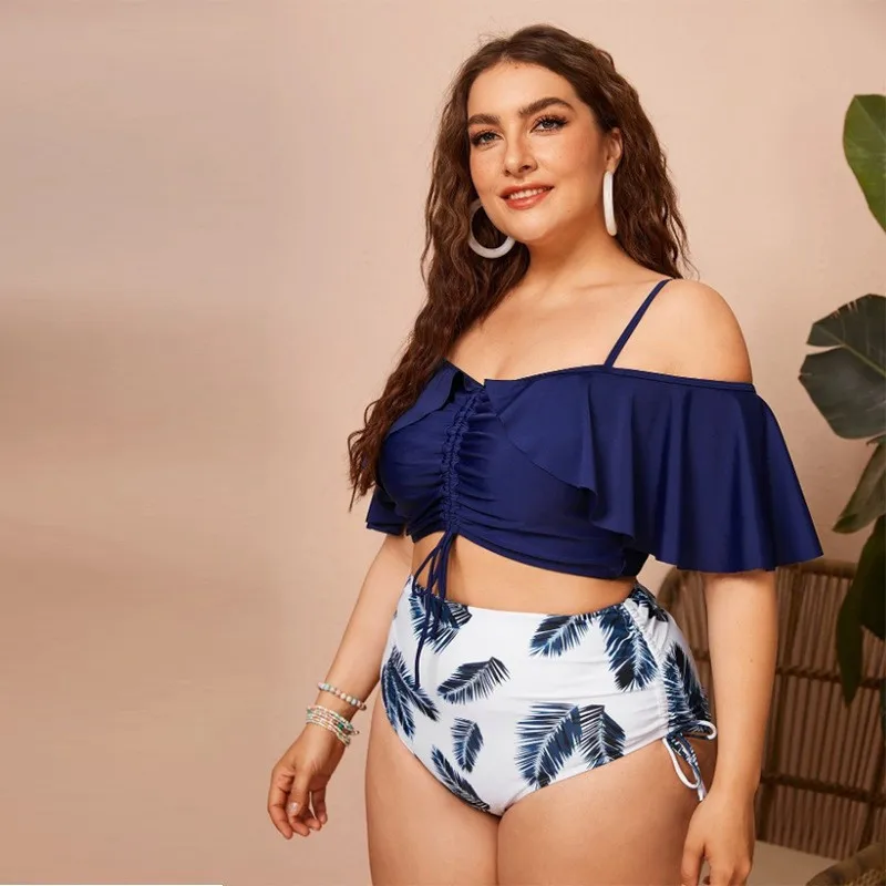 Plus Size Bikinis 2024 Women Ruffle 2-piece Swimsuit High Waist Push Up Swimwear Female Beach Wear Blue Bandage Bathing Suit 4XL