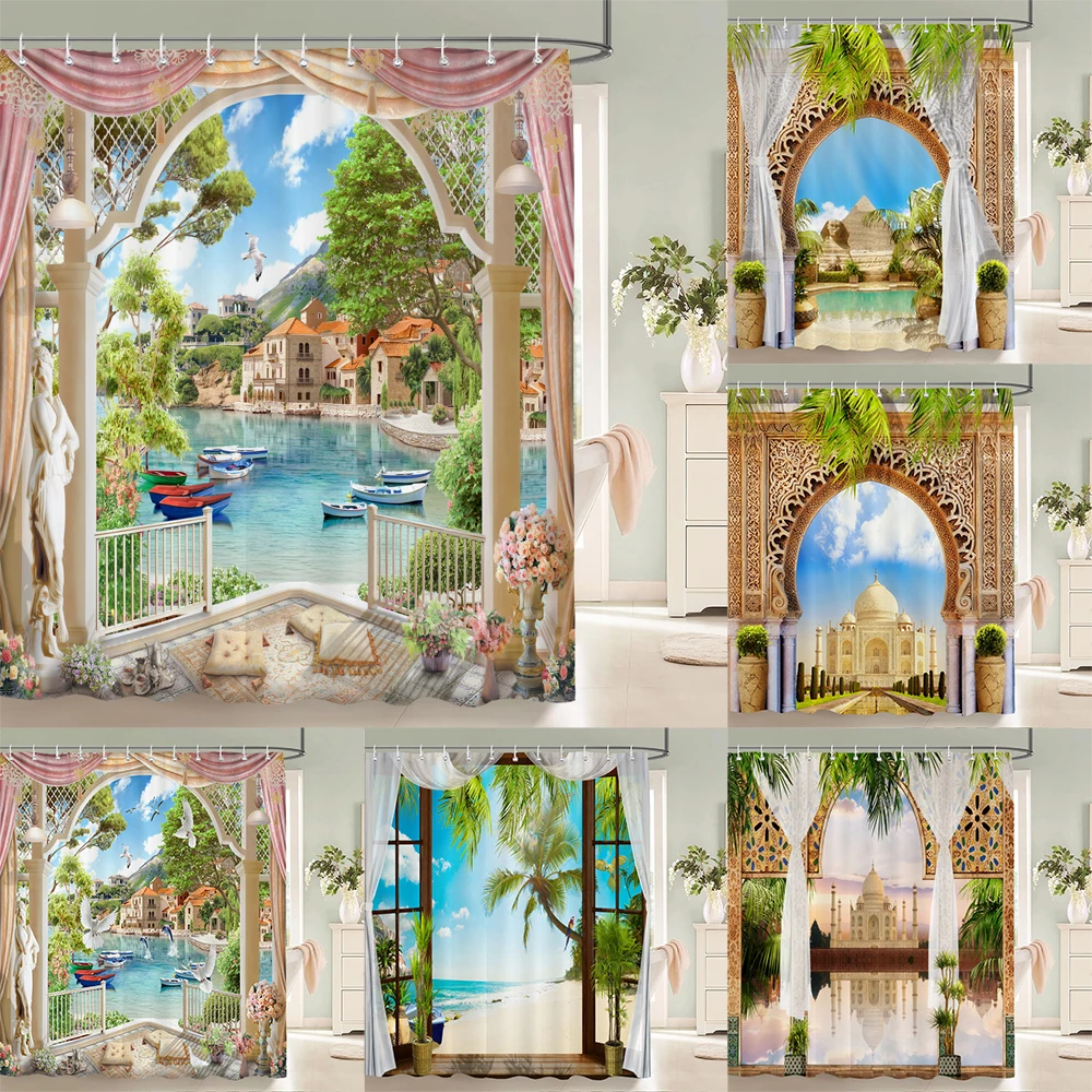 

Rural Garden Flowers Seaside Scenery Shower Curtain Waterproof Bathroom Curtains Beautiful Sea landscape Bath Screen with Hooks