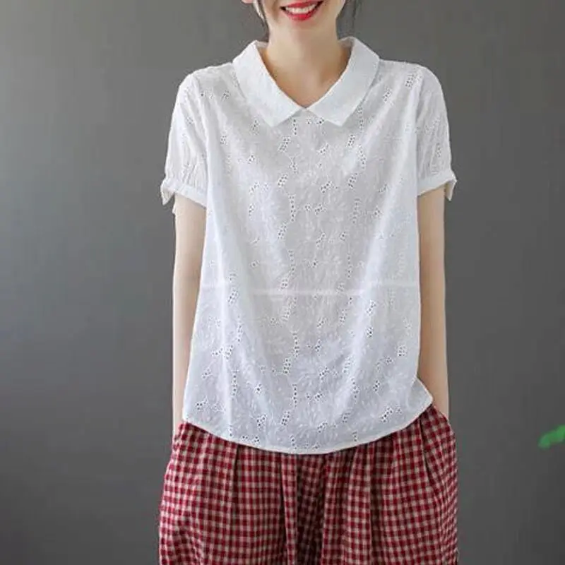 Cotton Linen T Shirts Women Doll Neck Casual Loose Short Sleeve T-shirt Fashion Solid Simple Hollow Top Summer Trend Thin Tshirt