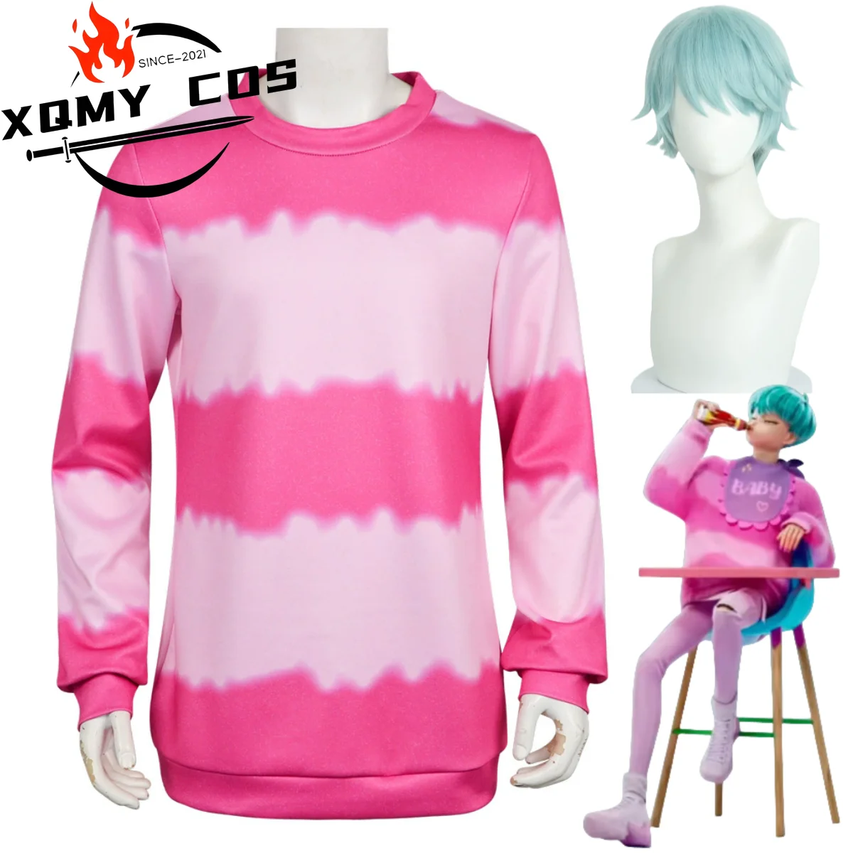 

XqAnime Movies Hunters Saja Boys Baby Cosplay Costume Pink Long Sleeves Stripe Tops Hoodies Wig Man Woman Daily Leisure Suit