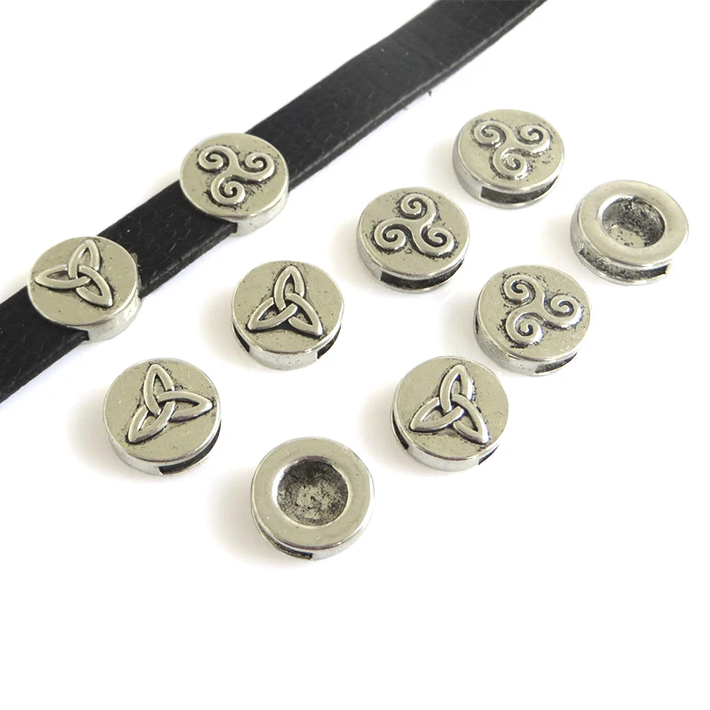 

10pcs Antique Silver Round Geometric Pattern 10mm Knot Flat Slider Beads Fit 10x2mm Leather Bracelet Jewelry Making Supplies