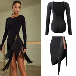 Women Latin Dance Performance Costume Stage Chacha Samba Dancewear Sexy Backless Latin Top Irregular Fringed Skirt