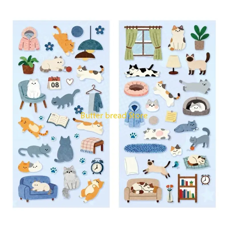 W89C Cartoon Kitten Sticker Animal Decorative Sticker for Scrapbooking Journal Album