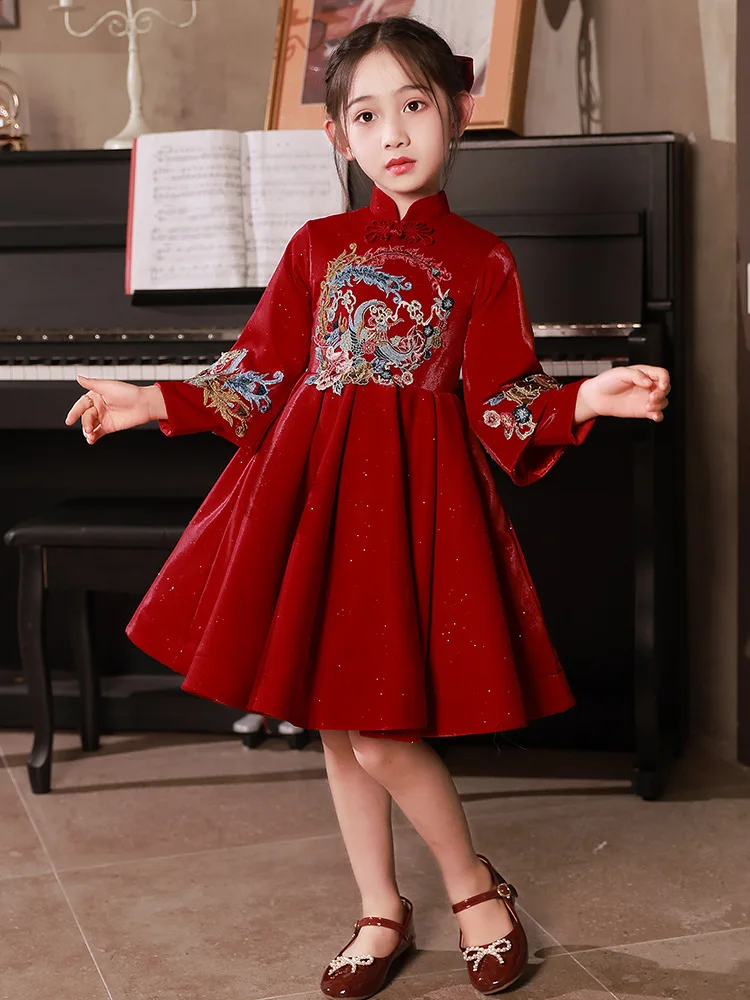 Children\'s Birthday Party Evening Dress Cute Flower Girls Princess Dress Vintage Chinese Kids Embroider Performance Clothing